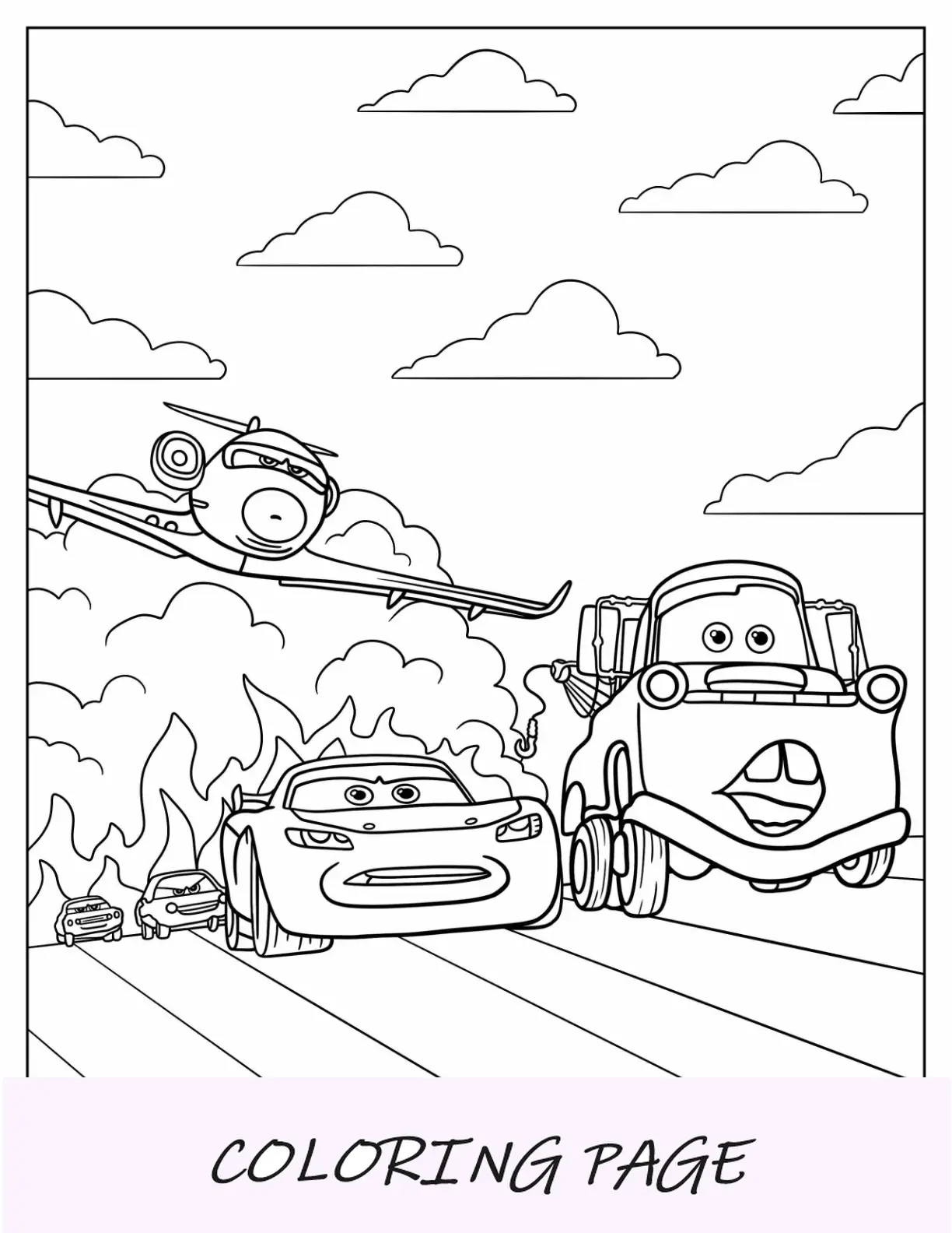 Página para colorear de Cars de Rayo McQueen, Mater y Siddeley siendo perseguidos