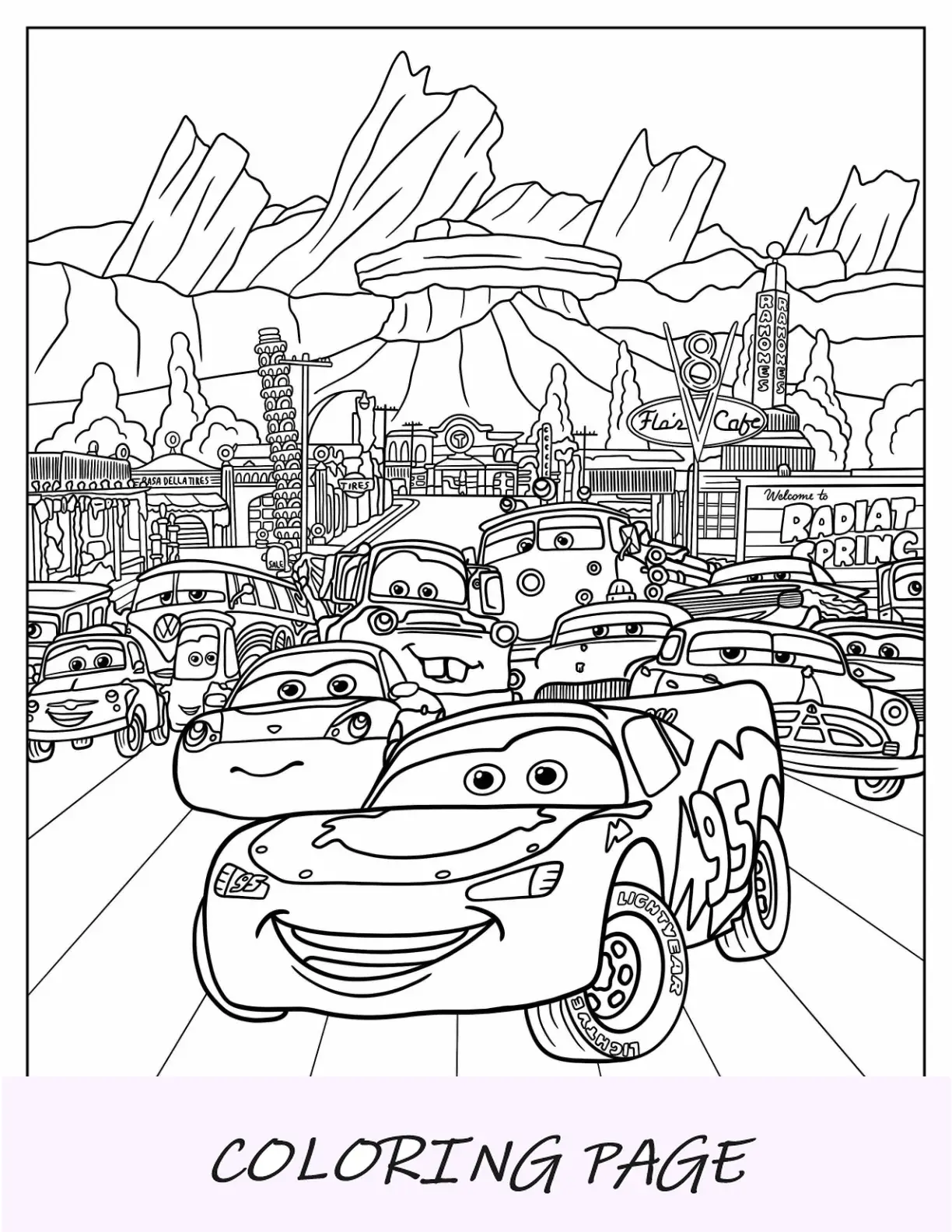 Dibujo para colorear de Cars de Rayo McQueen con amigos