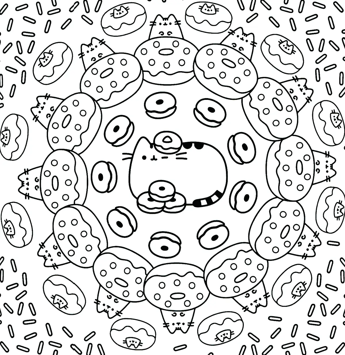 Pusheen Cat Donut Pattern Coloring Page