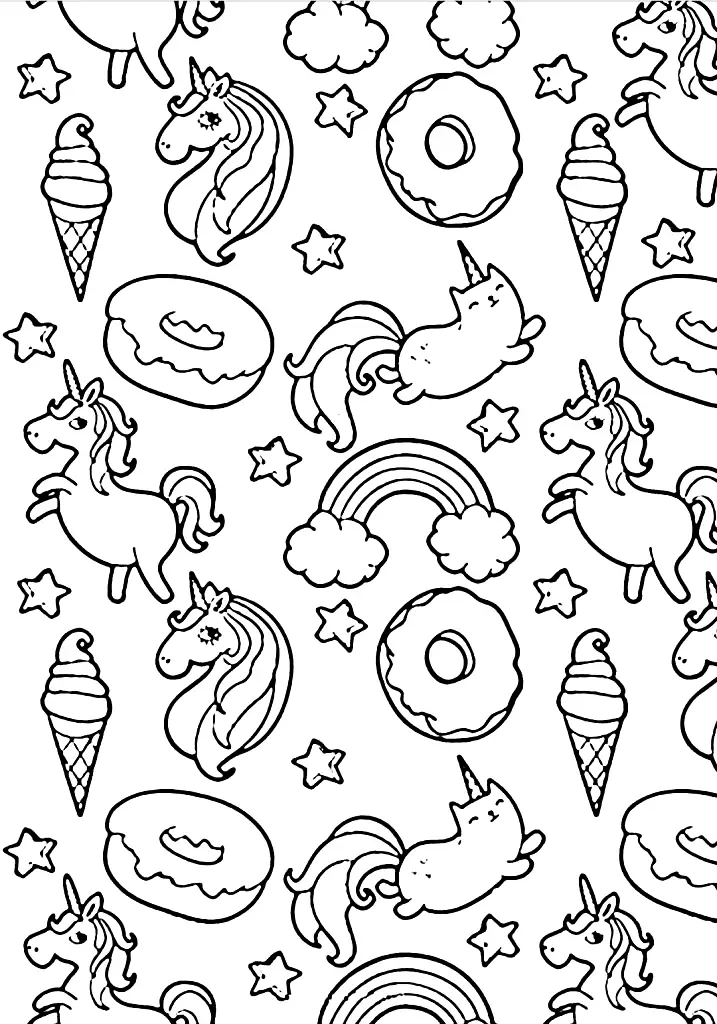 Unicorns And Donuts Coloring Page