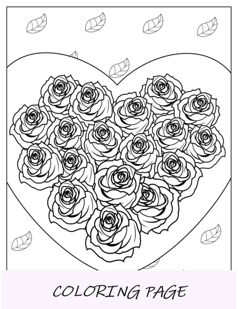 Amor en forma de corazón con rosas para colorear