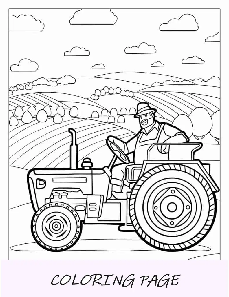 Ausmalbilder „Traktor und Bauer“ für Kinder