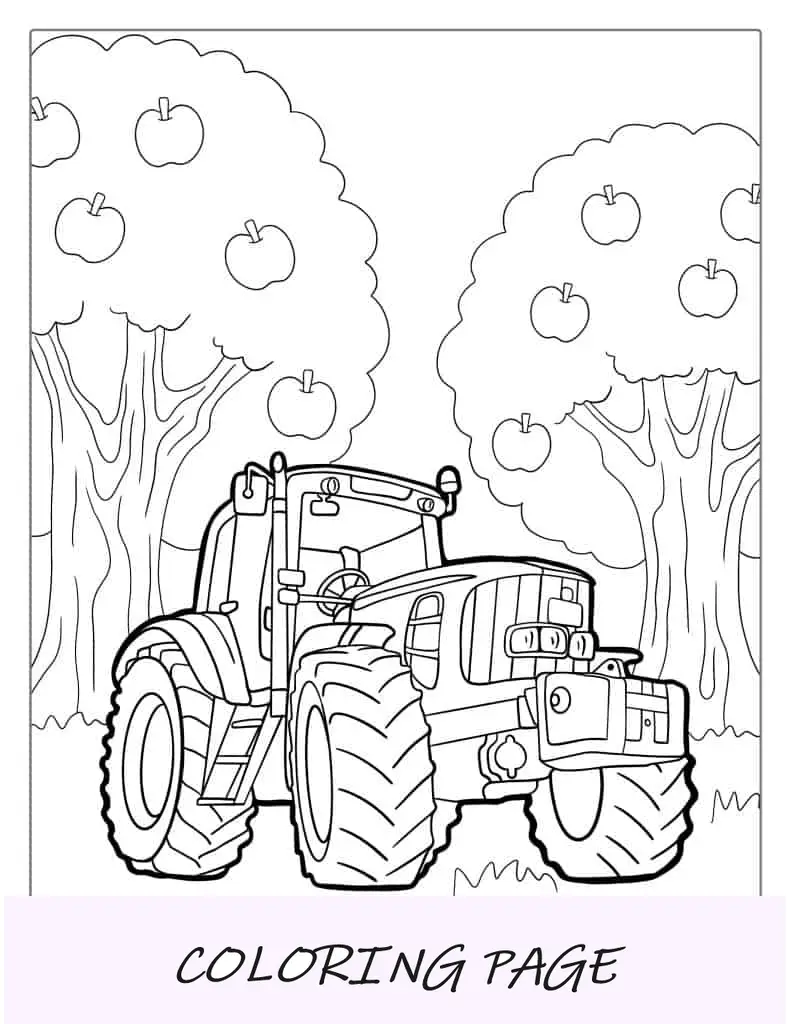 Malvorlage „Traktor im Apfelgarten“.