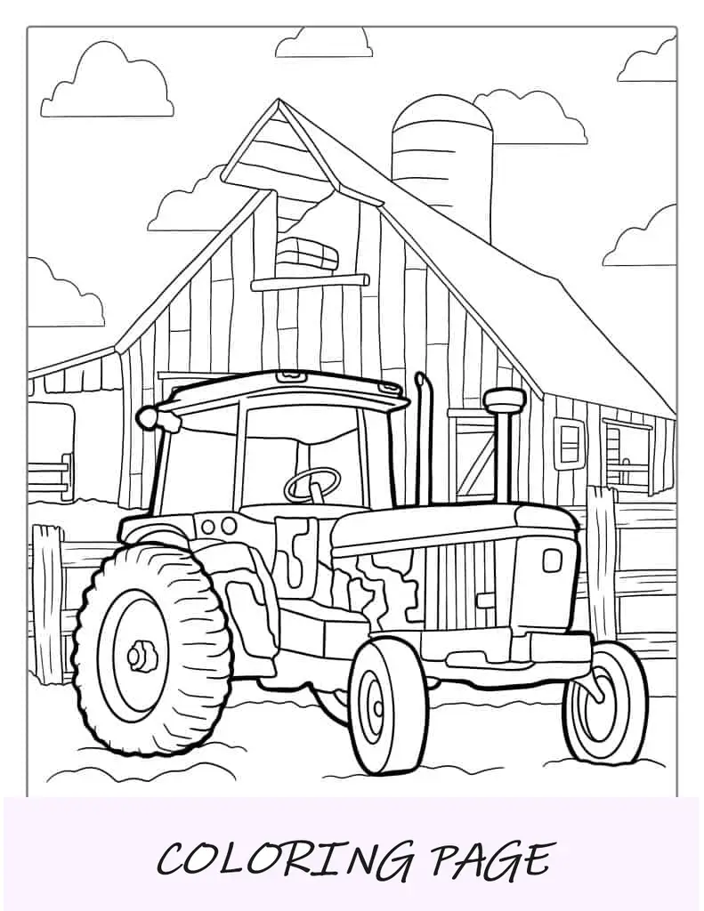 Traktor auf dem Feld mit Scheunen-Malblatt