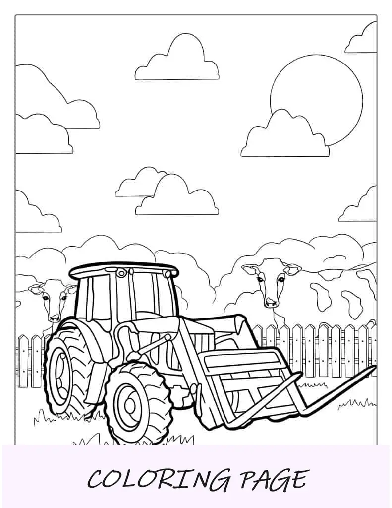 Traktor mit Kühen im Hintergrund