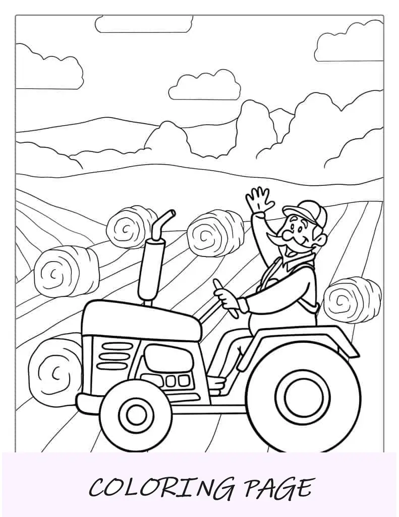 Ausmalbilder „Bauer und Traktor“ für Kinder