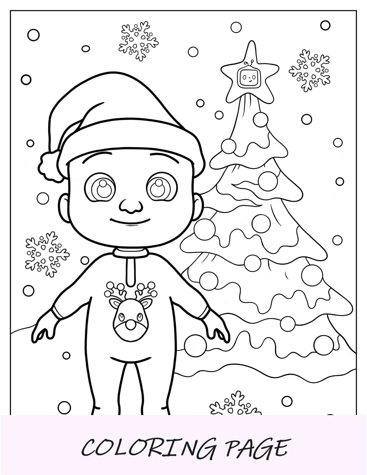 CoComelon Pagina da colorare di JJ davanti all'albero di Natale