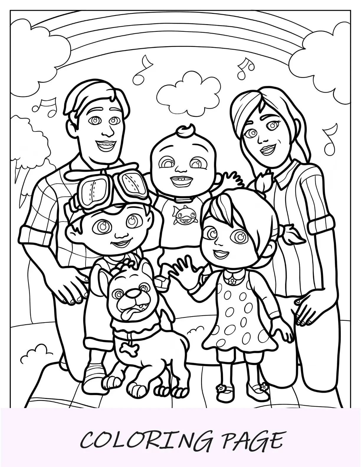 CoComelon Pagina da colorare di Dan, Lovelle, TomTom, Yoyo e JJ