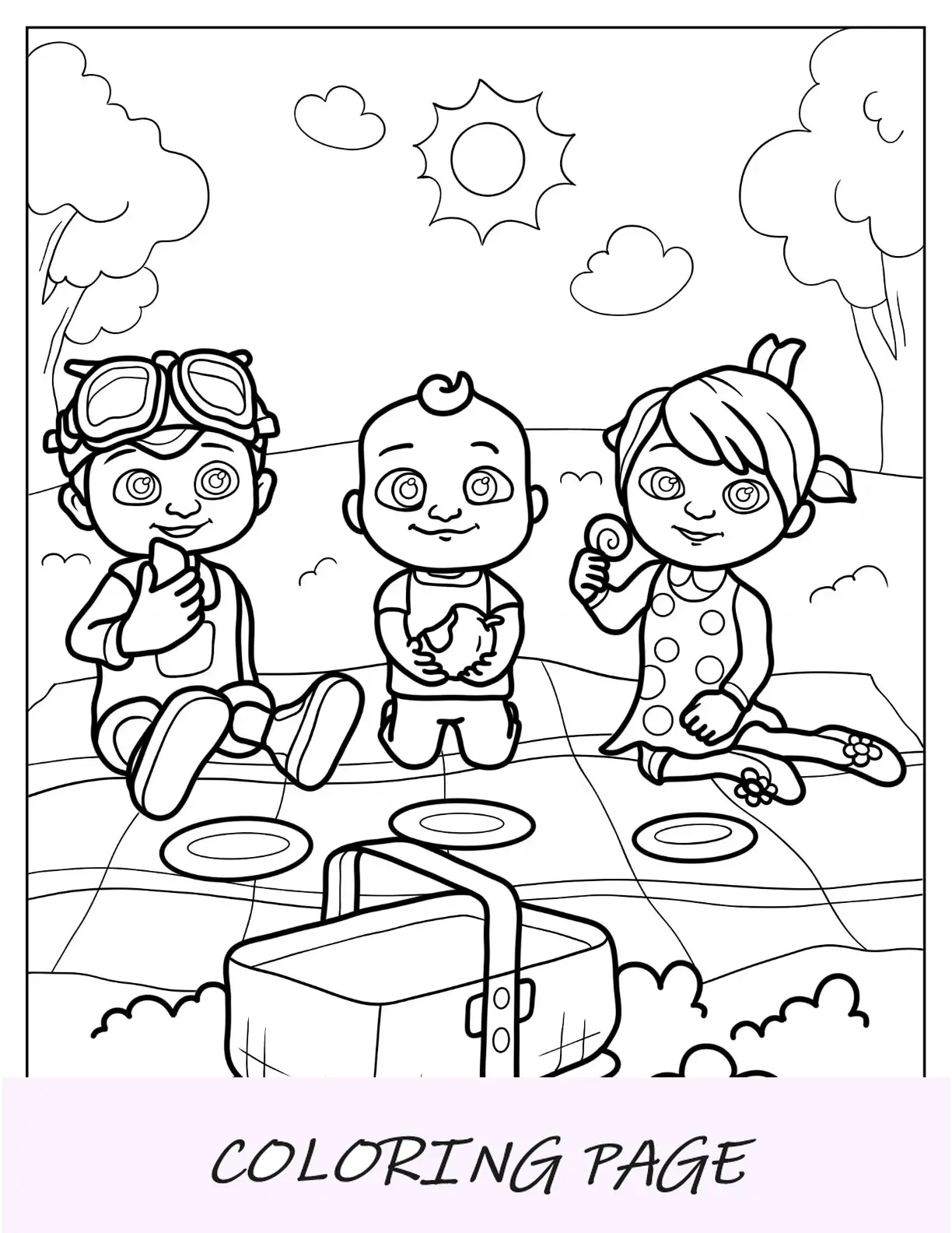 CoComelon Pagina da colorare di JJ, TomTom e Yoyo durante un picnic