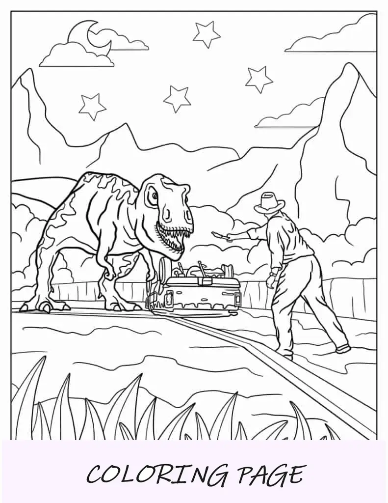 Malvorlage „Jurassic Park-Auto“.