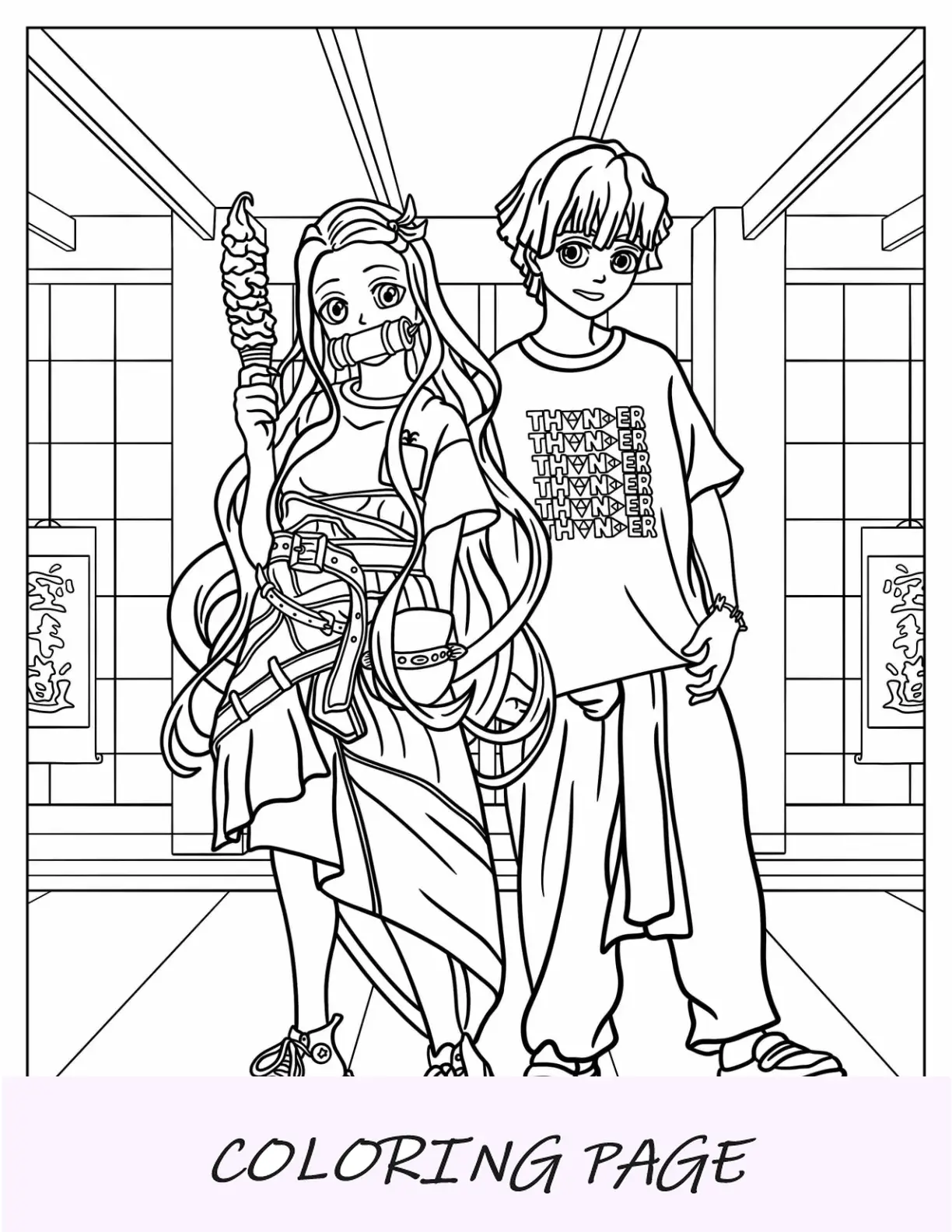 Página para colorear de Nezuko moderno y Zenitsu tomando helado