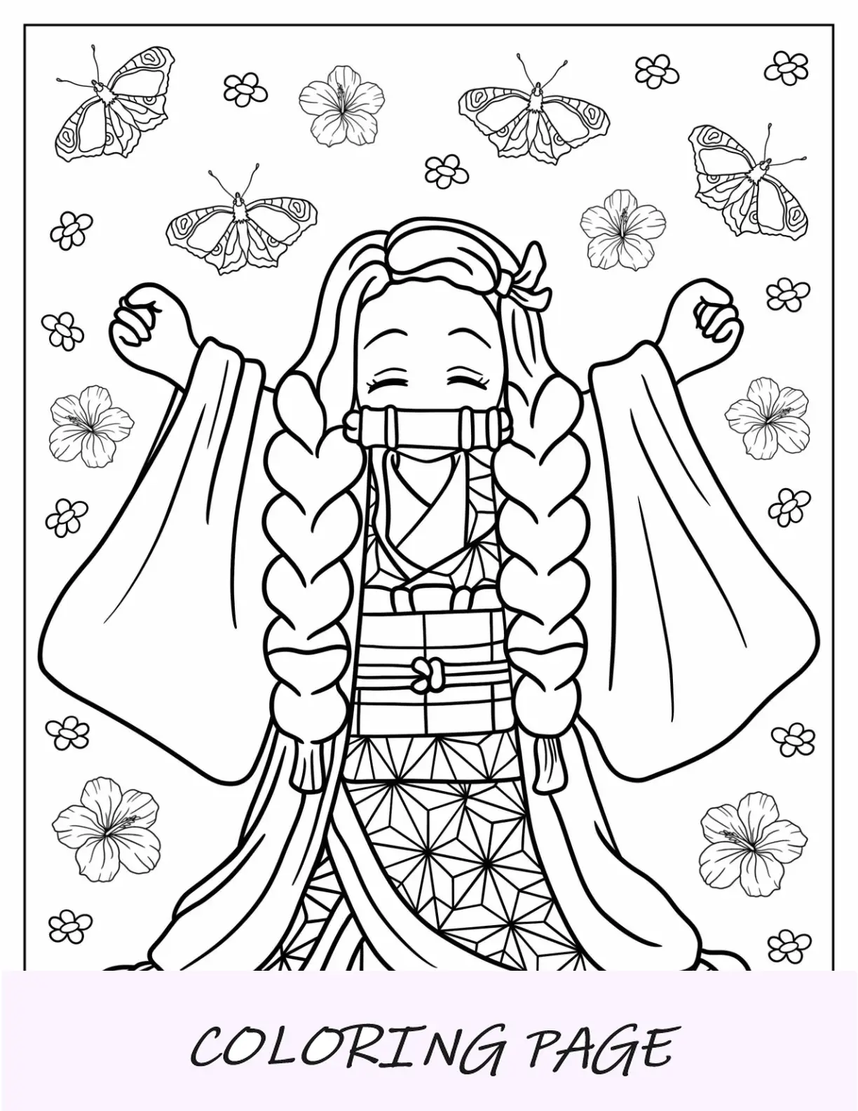 Página para colorear de Kawaii Nezuko con pelo trenzado