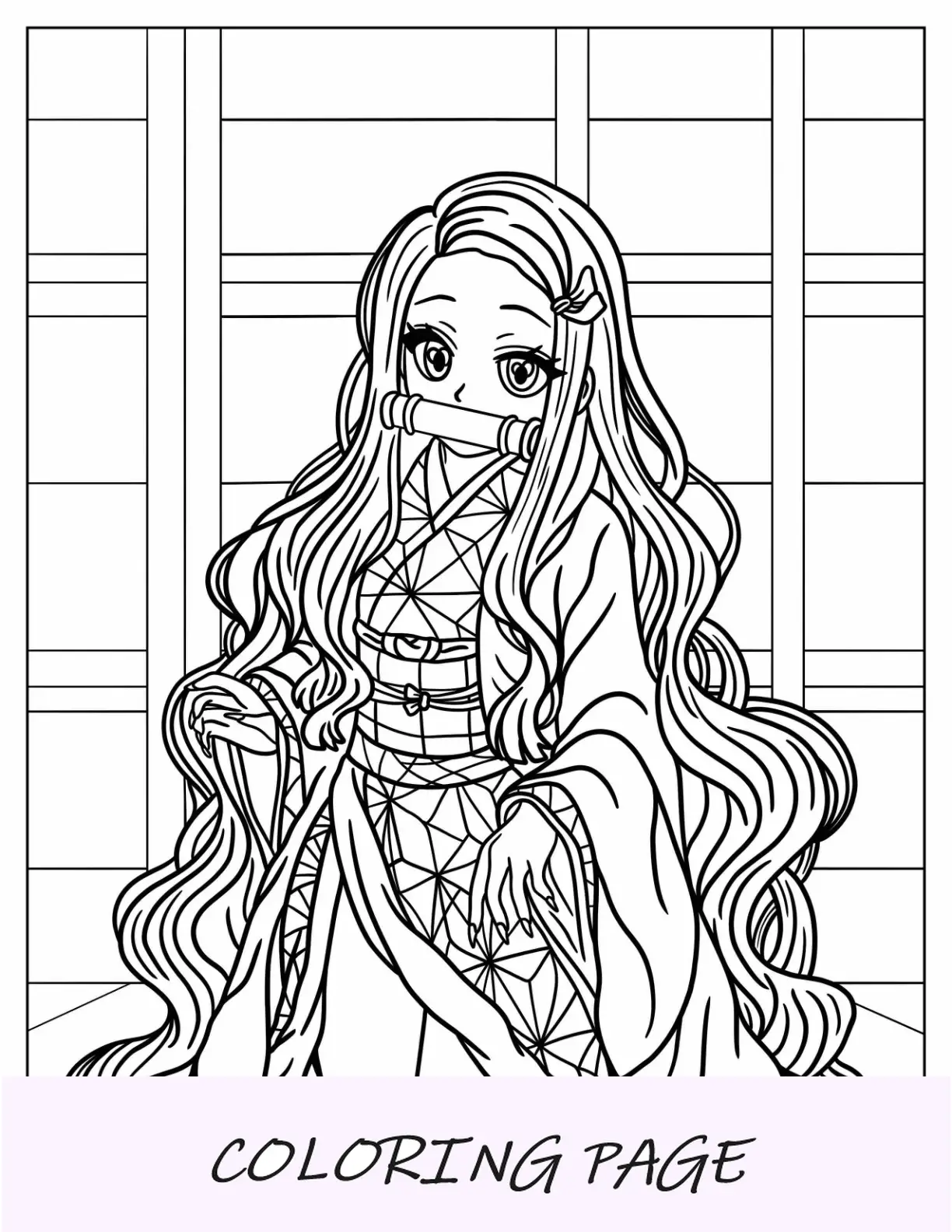 Página detallada para colorear de Nezuko con bambú