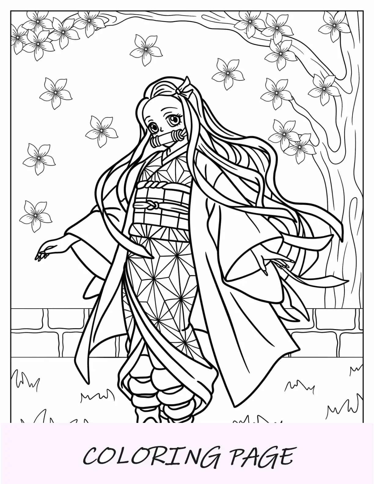 Página para colorear de Nezuko caminando en el jardín con flores de cerezo