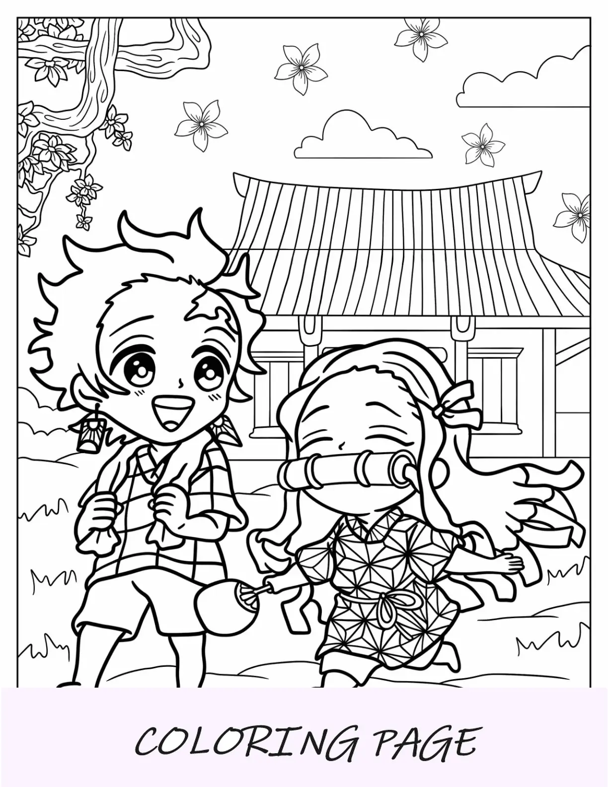 Dibujo para colorear de Chibi Tanjiro y Nezuko jugando al aire libre para niños