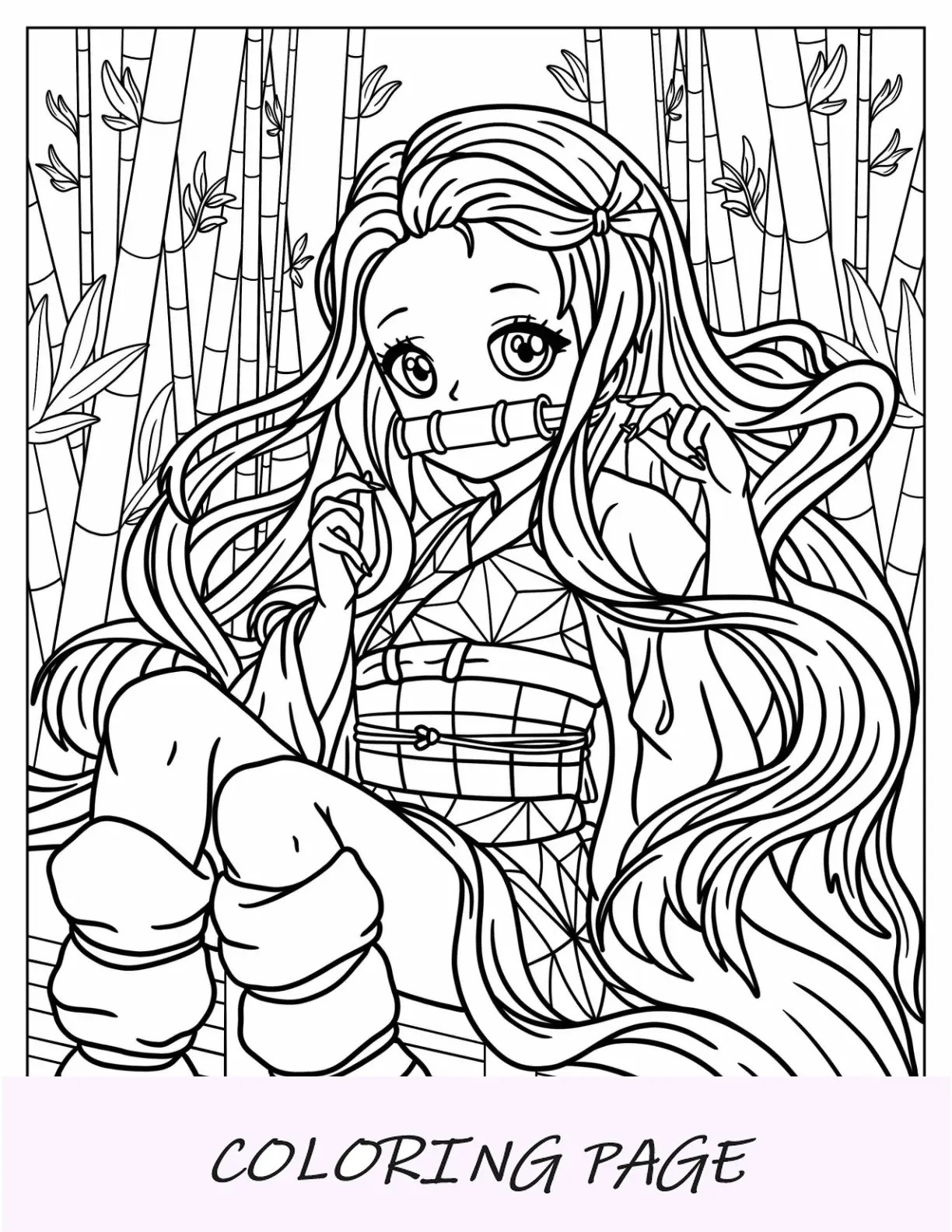 Página para colorear de Chibi Nezuko en el bosque de bambú para niños en edad preescolar