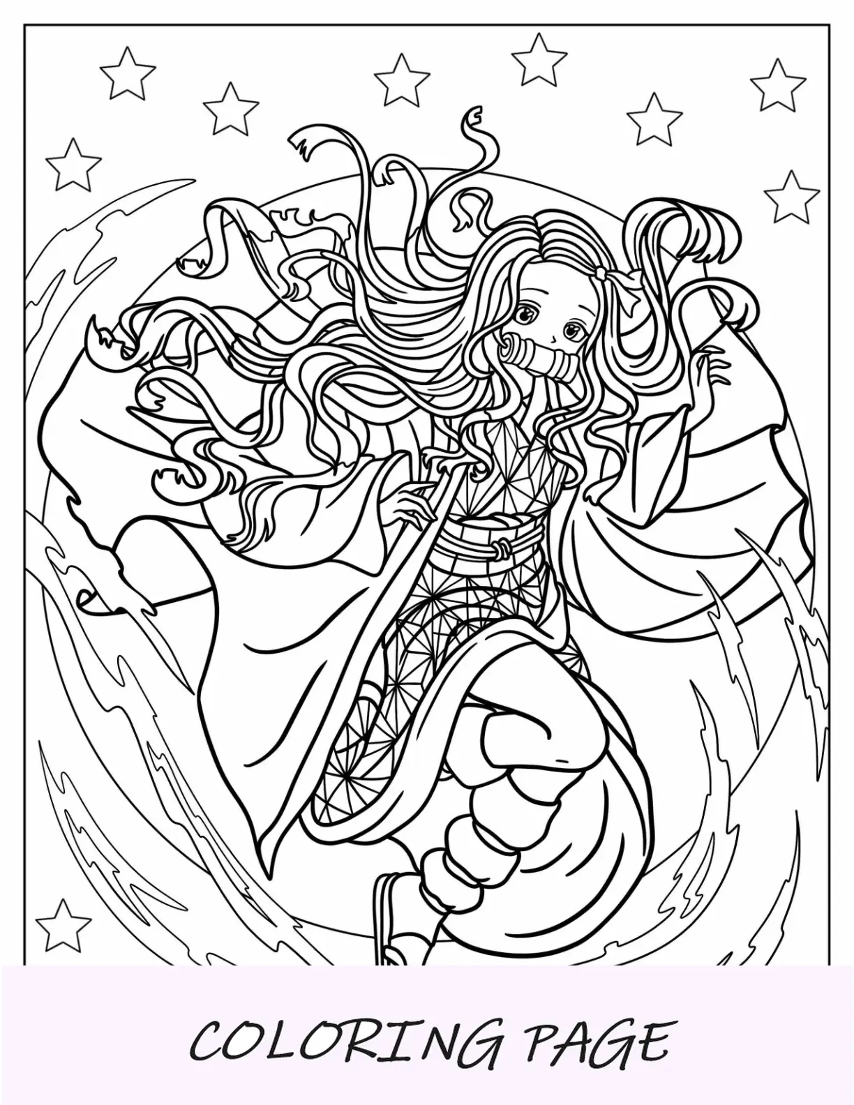 Dibujo para colorear de Nezuko en el aire con estrellas