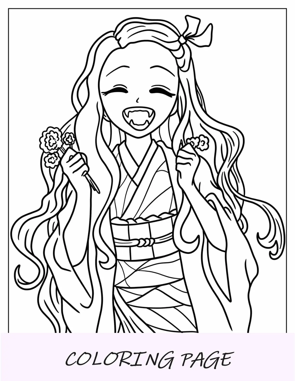 Página para colorear de Nezuko sonriendo y sosteniendo flores silvestres