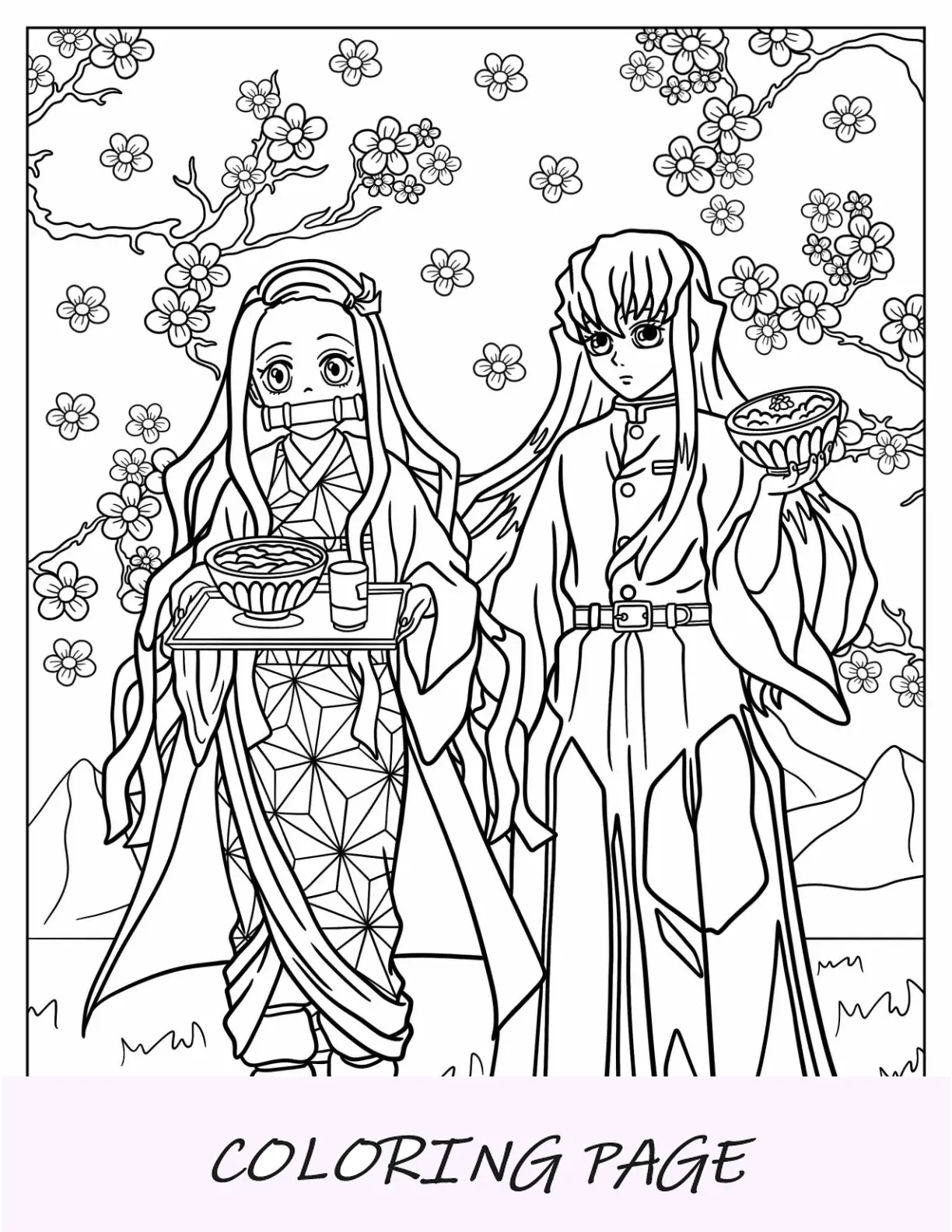 Página para colorear de Nezuko y Muichiro llevando una bandeja de comida