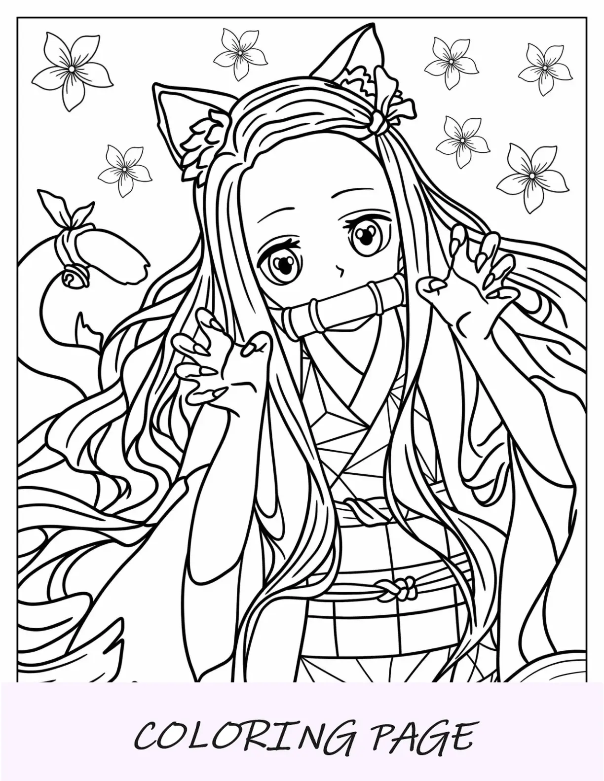 Linda página para colorear de Nezuko con orejas y cola de gato