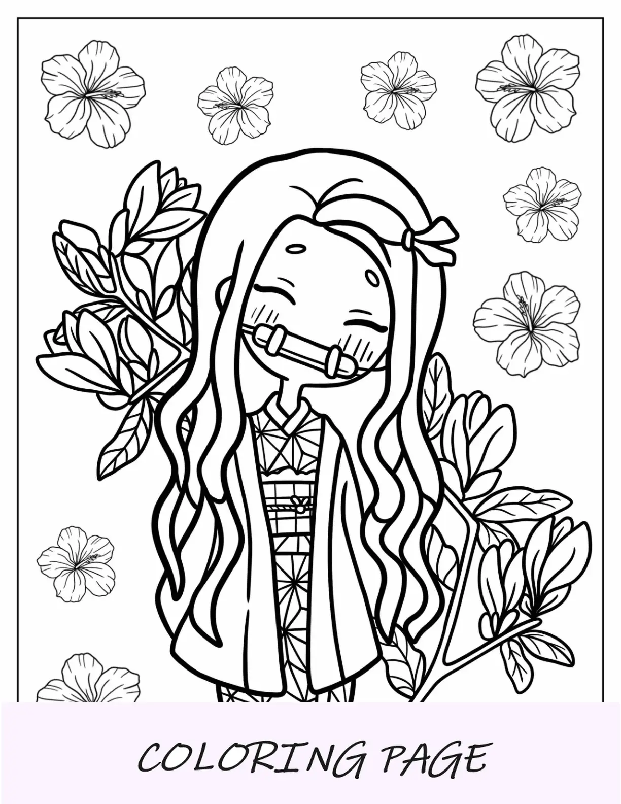 Página para colorear fácil de Nezuko con flores para niños en edad preescolar