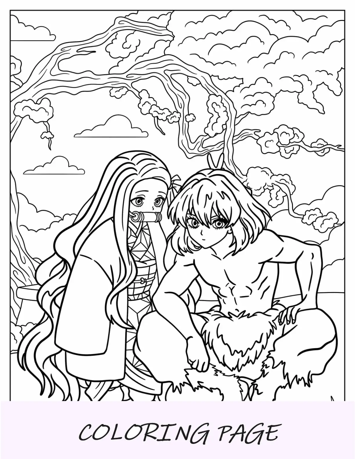 Página para colorear de Nezuko sentado junto a Inosuke en el jardín