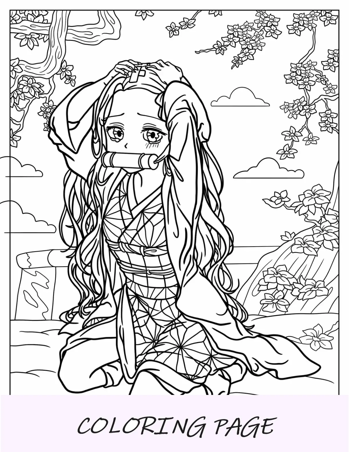 Dibujo para colorear de Nezuko sosteniendo la cabeza mientras llora