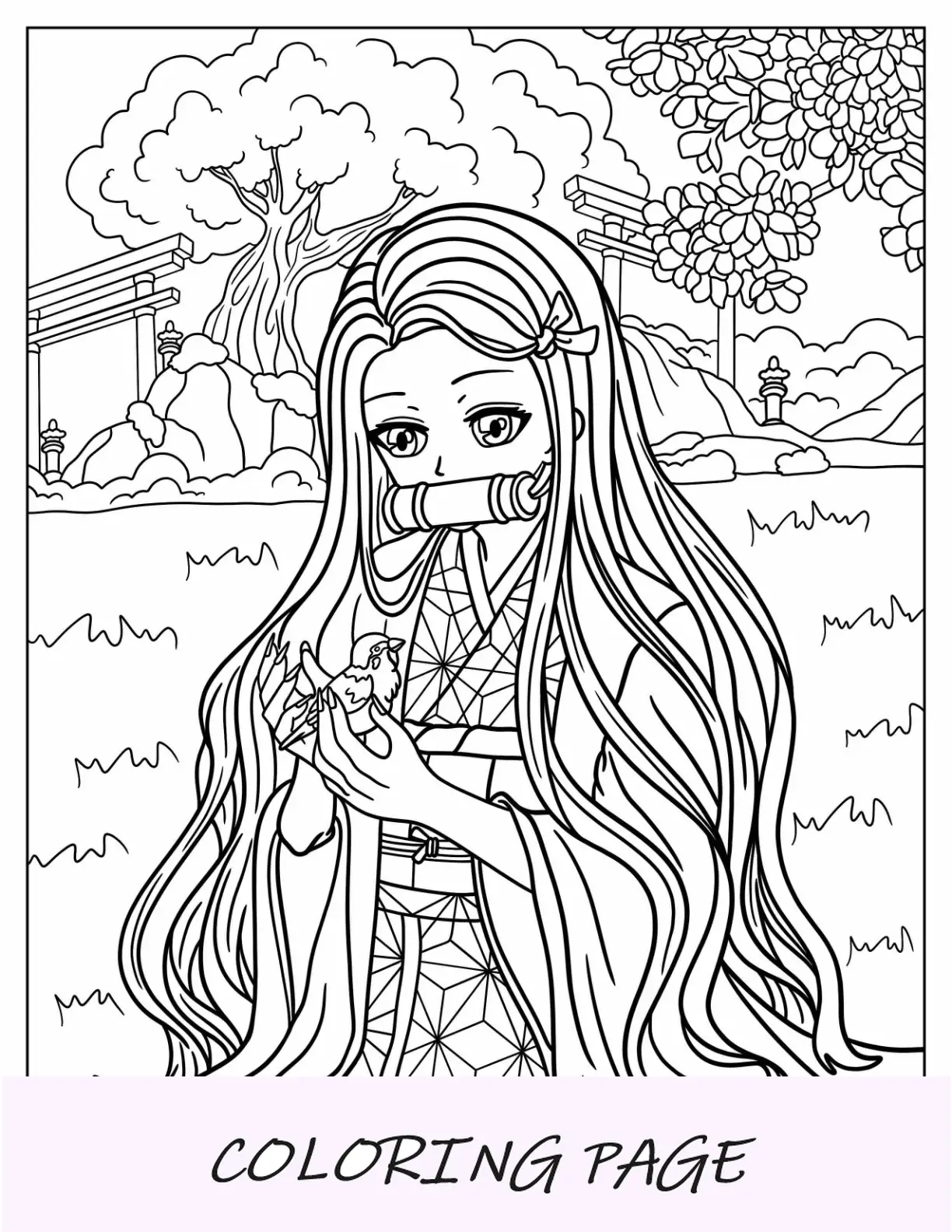 Dibujo para colorear de Nezuko cuidando un pájaro en el jardín japonés