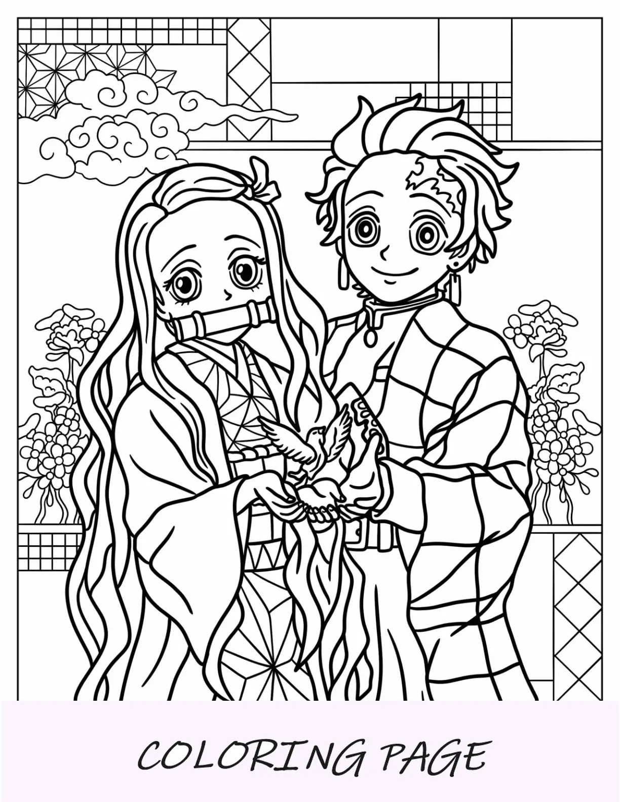 Página para colorear de Nezuko y Tanjiro sosteniendo un pájaro