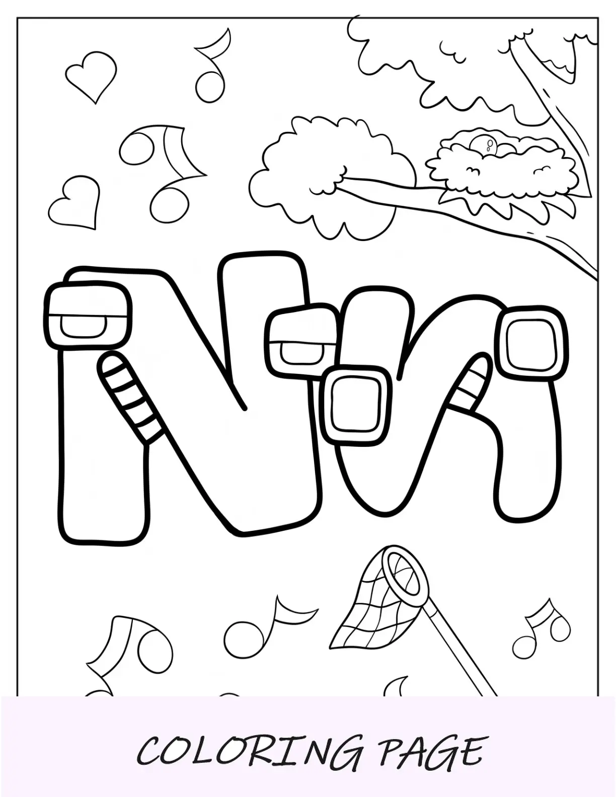 Alfabeto Lore Pagina da colorare Lettera N con cose che iniziano con N