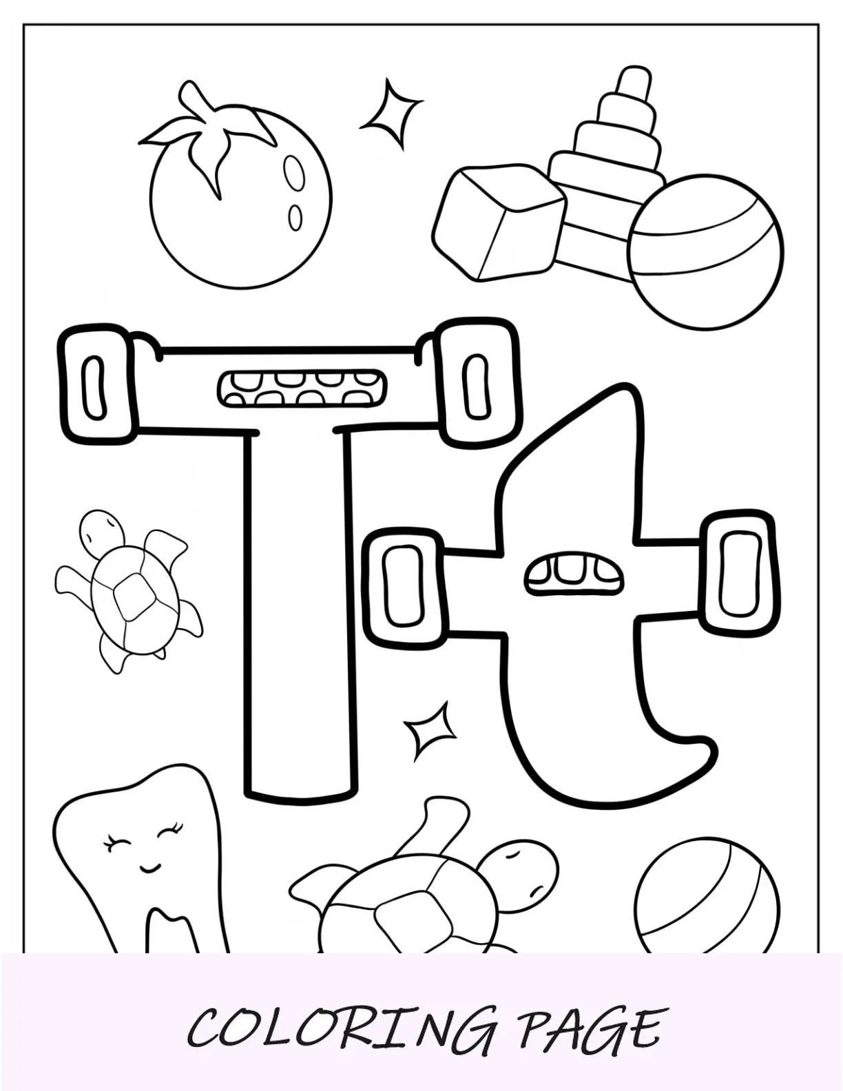 Alfabeto Lore Pagina Da colorare Lettera T con tartarughe e denti