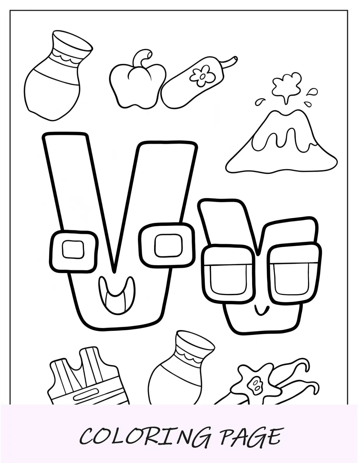 Pagina da colorare di Happy Alphabet Lore Lettera V con cose che iniziano con V