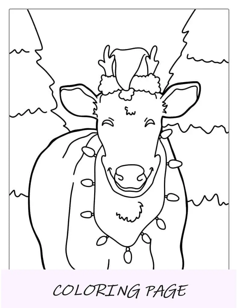 Página para colorir de vaca com tema de Natal