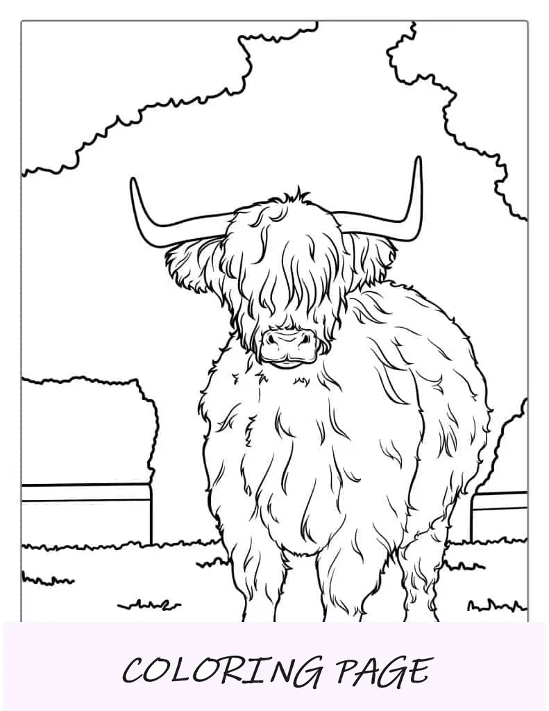 Folha para colorir de vaca fofa das montanhas para crianças