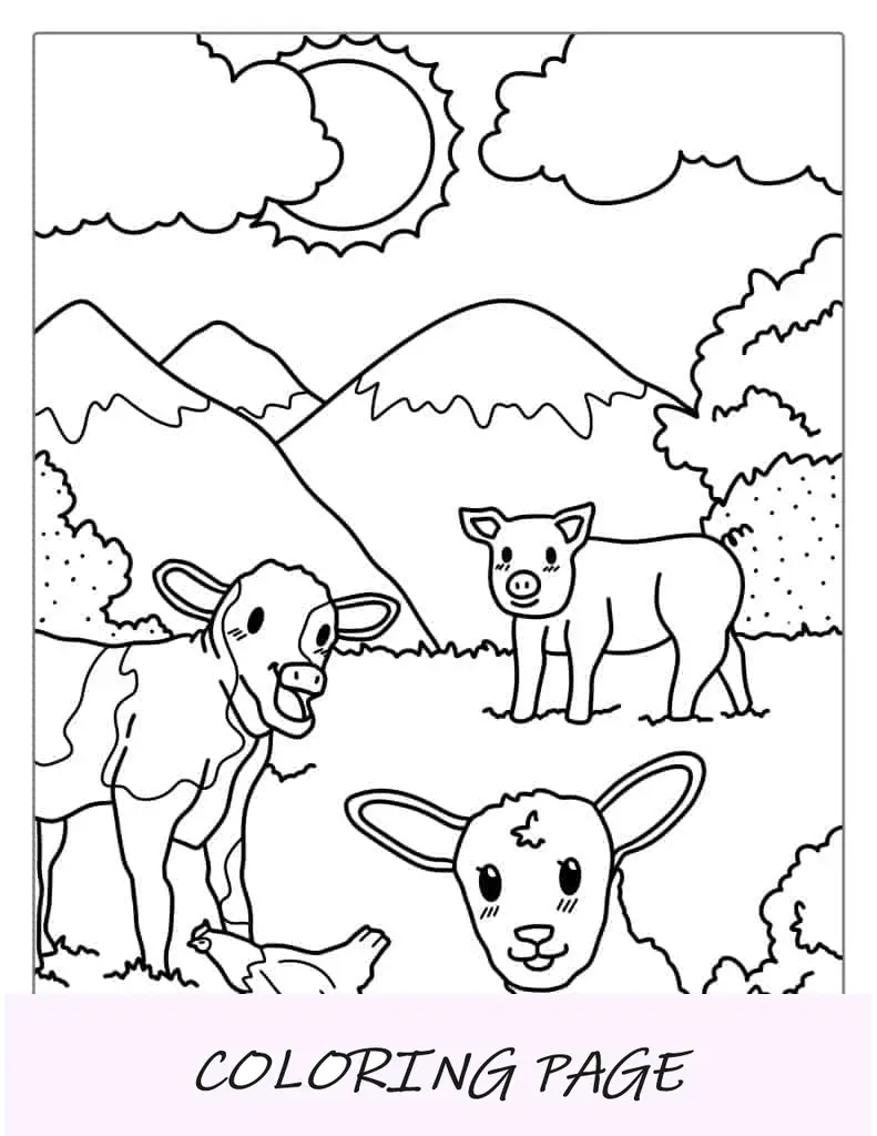 Folha Para Colorir Bebê Vaca Com Porco, Frango E Porco