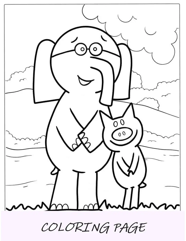 Personagens de livros de elefante e porquinho para colorir para crianças