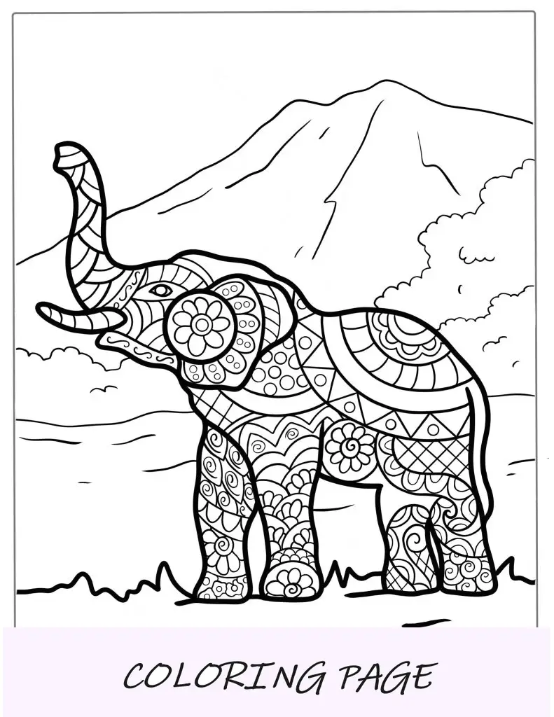 Elefante mandala ao lado da montanha