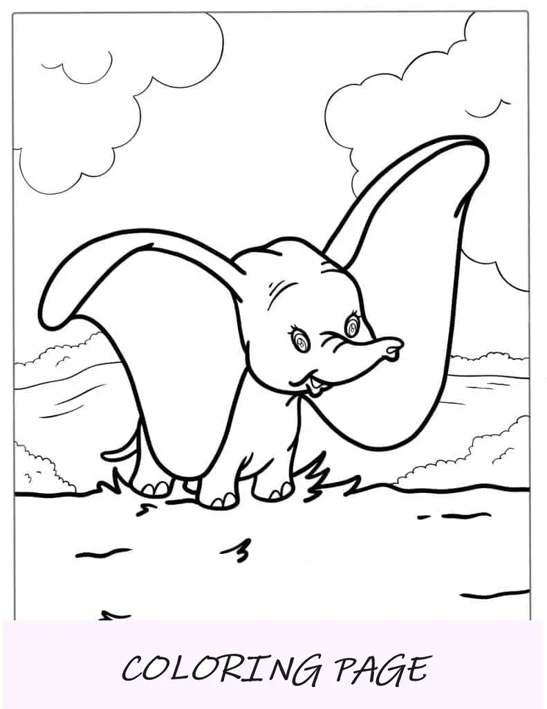 Folha para colorir Dumbo, o elefante com orelhas grandes