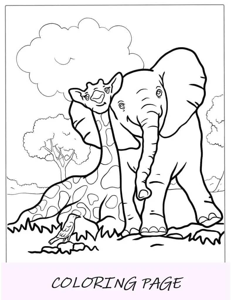 Bebê fofo elefante e girafa para colorir para crianças