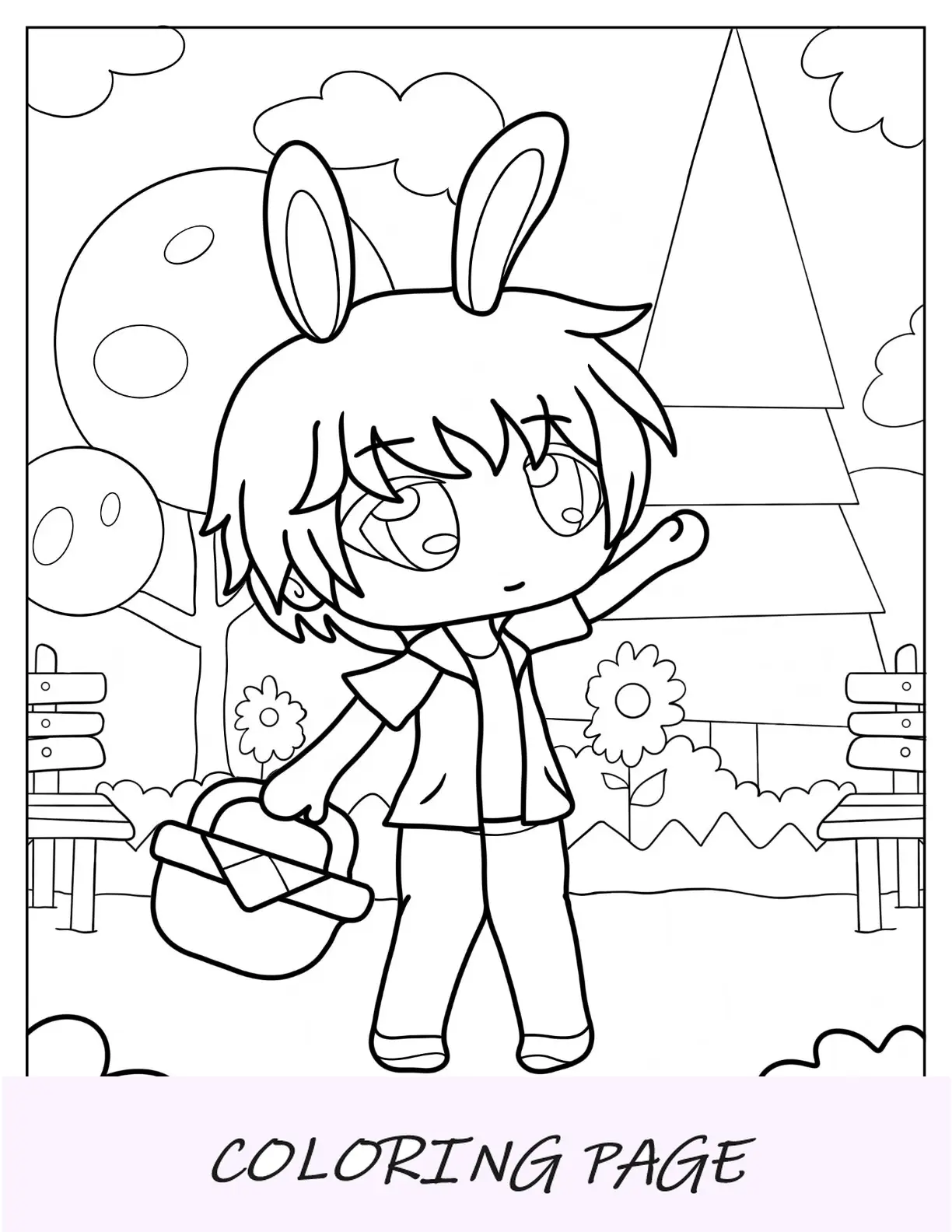 Gacha Life Pagina da colorare di Kawaii Boy con orecchie da coniglio che tiene il cestino