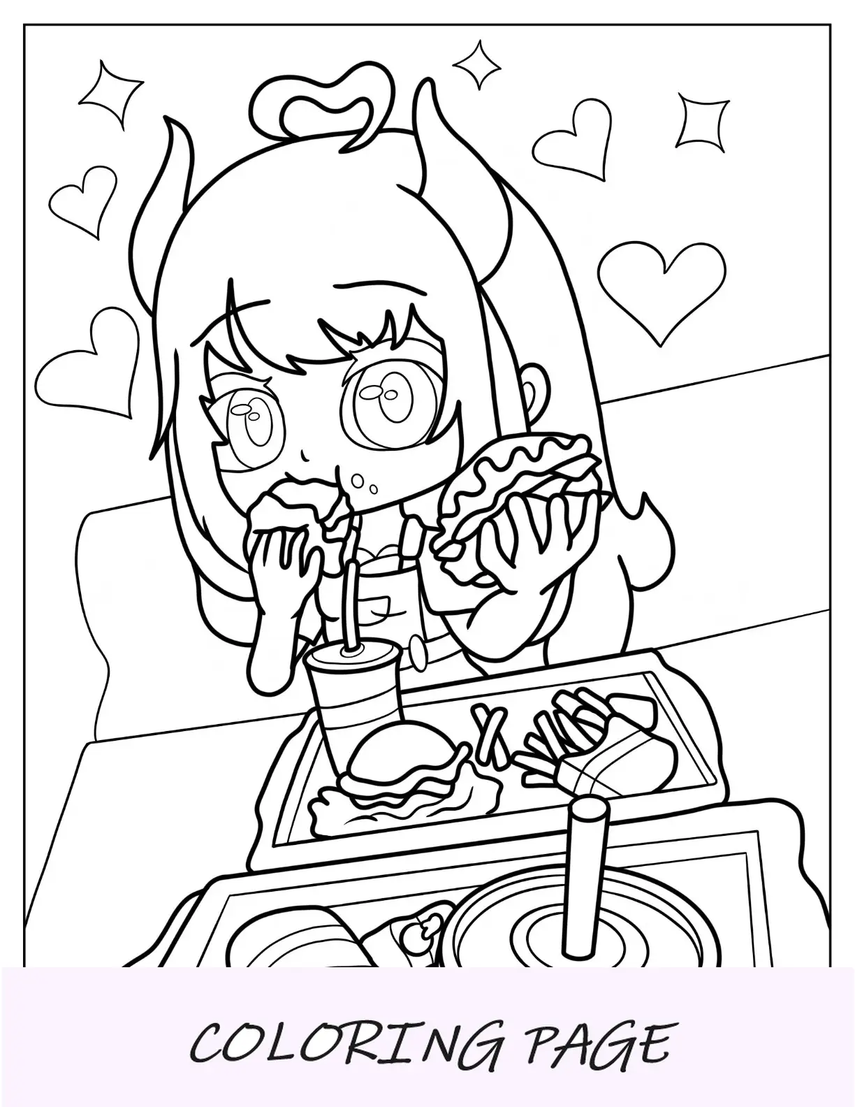Gacha Life Pagina da colorare di una ragazza che mangia fast food