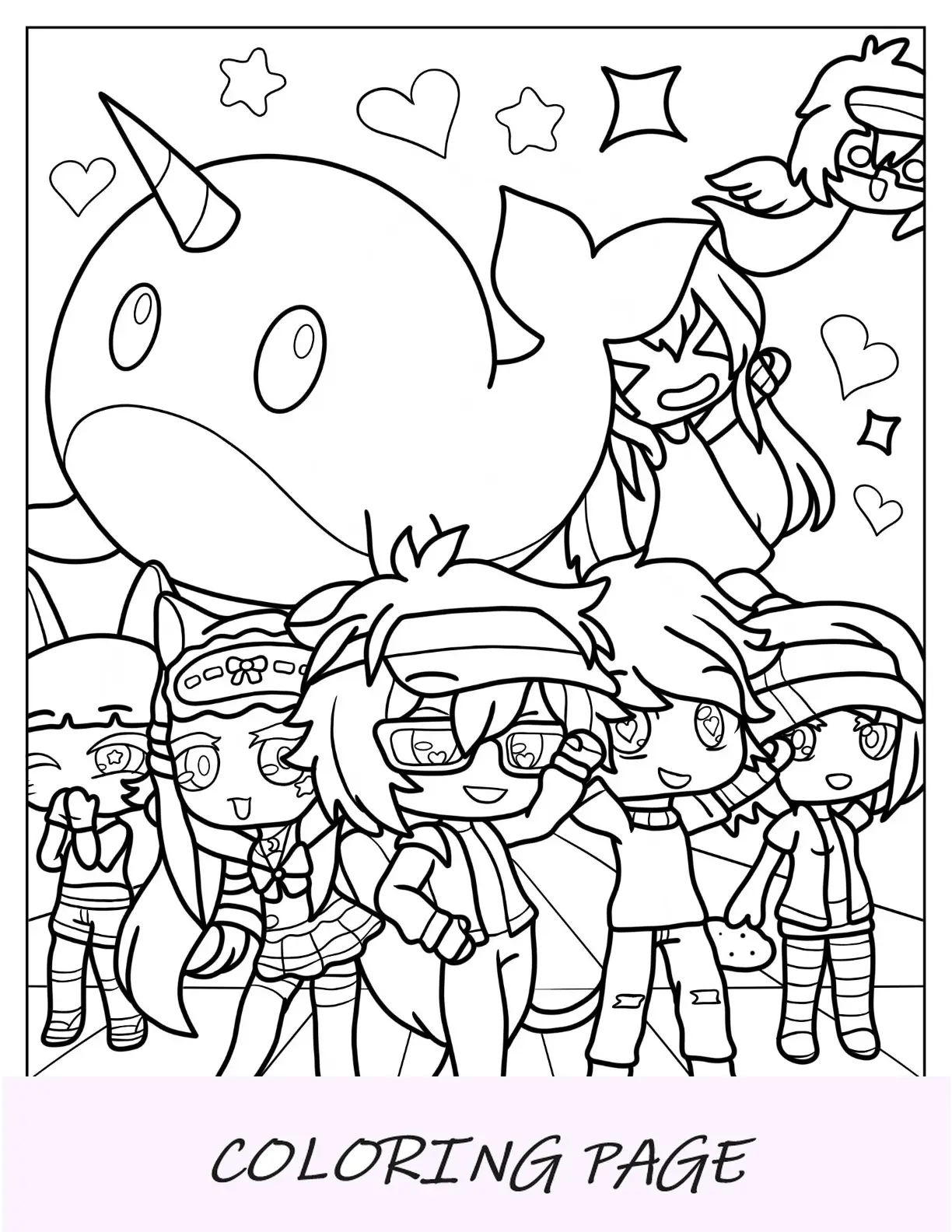 Gacha Life Pagina da colorare di Luni, Lado, Senpaibuns, Male Buns e Charlotte Mei