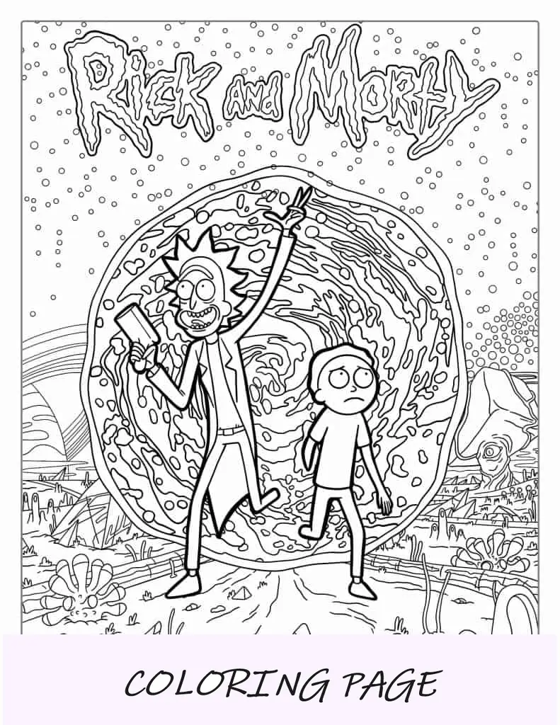 Arte del cartel de Rick y Morty con logo para colorear