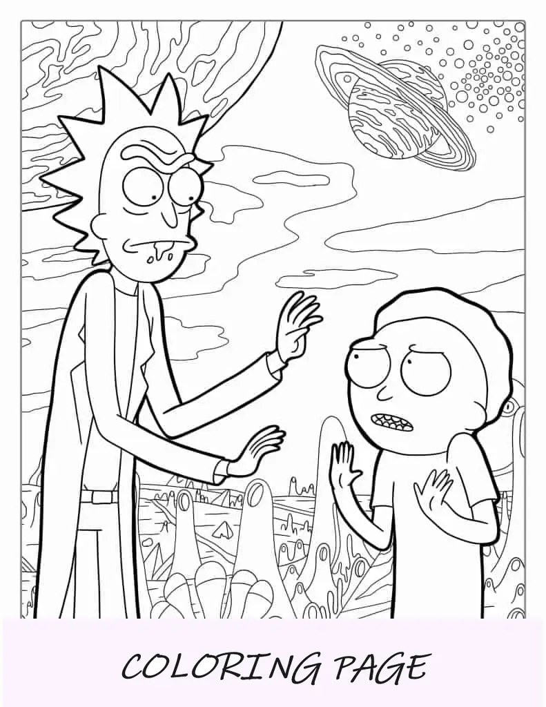Rick dando una conferencia a Morty para colorear