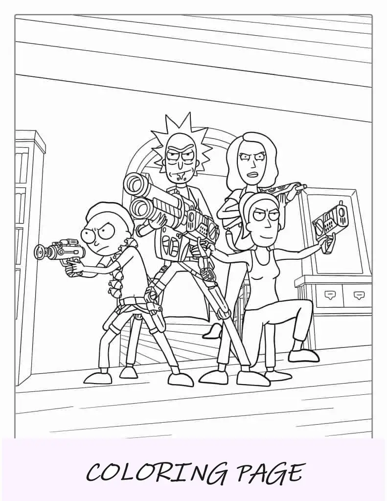 Hoja para colorear de Rick, Morty, Summer y Beth