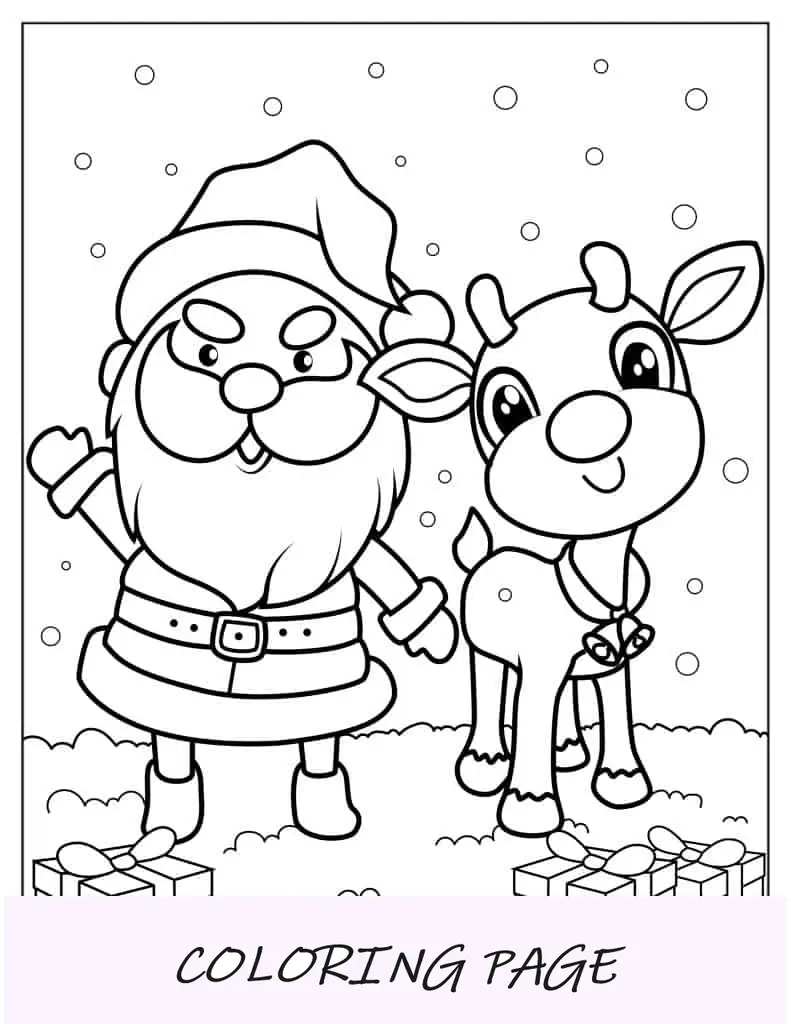 Desenho de Papai Noel e Rudolph fofos com presentes para colorir