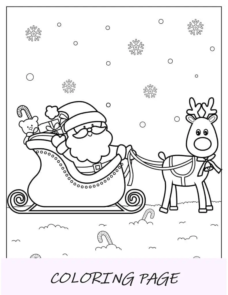 Rudolph conduzindo o Papai Noel com seu nariz vermelho para colorir