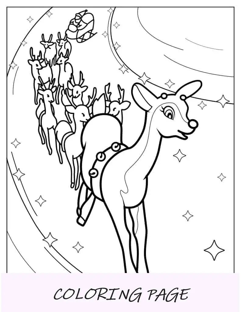 Página para colorir Papai Noel e suas nove renas