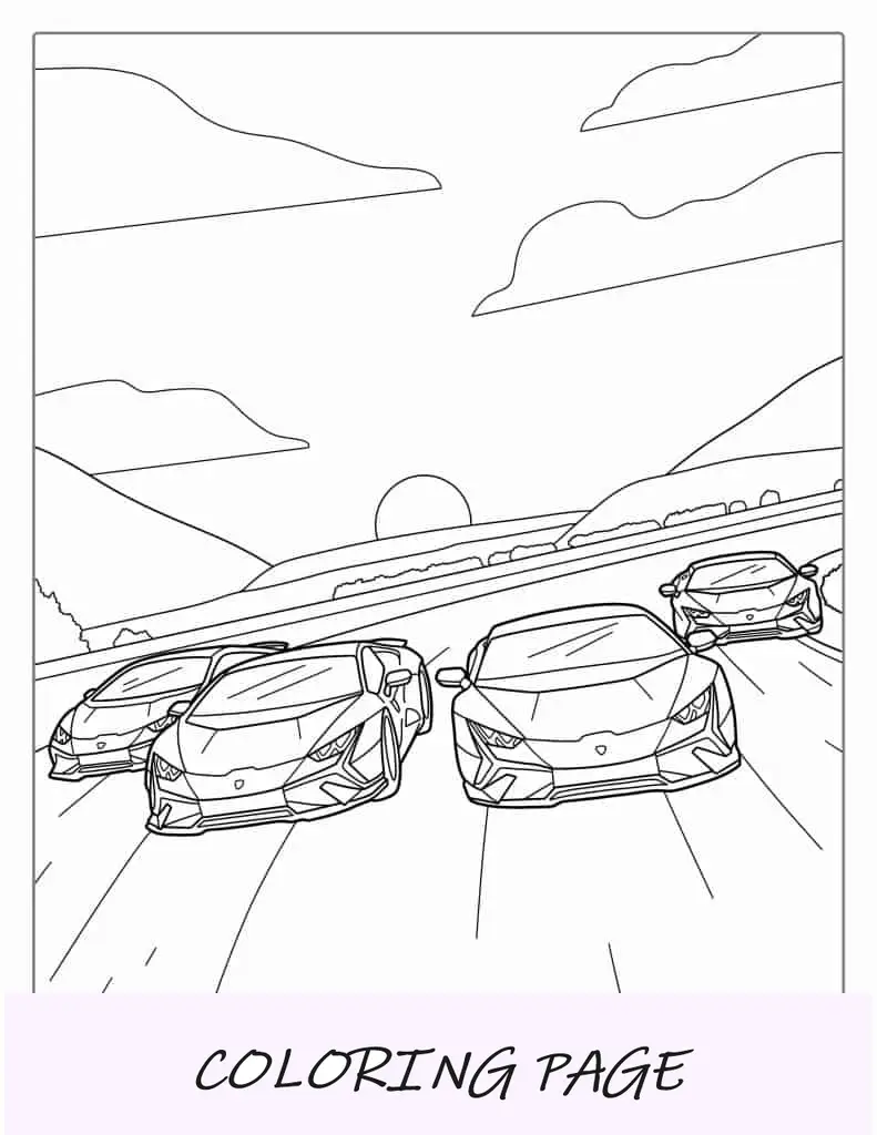 Folha para Colorir Quatro Carros Lamborghini na Pista de Corrida