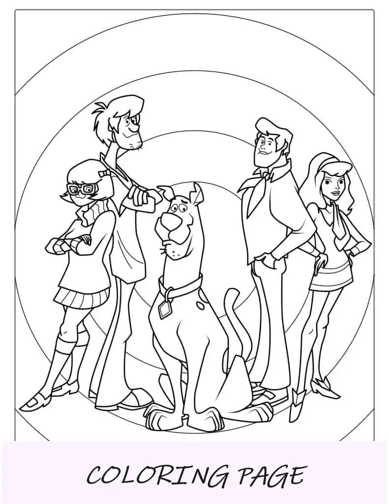 Hoja para colorear del perro Scooby-Doo con sus amigos